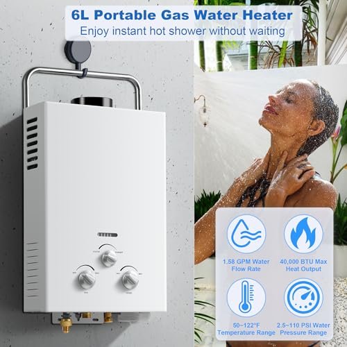 Amzgachfktch - Outdoor Propane Tankless Water Heater - 6L 1.58 GPM Portable Gas Water Heater with Handle & Overheating Protection